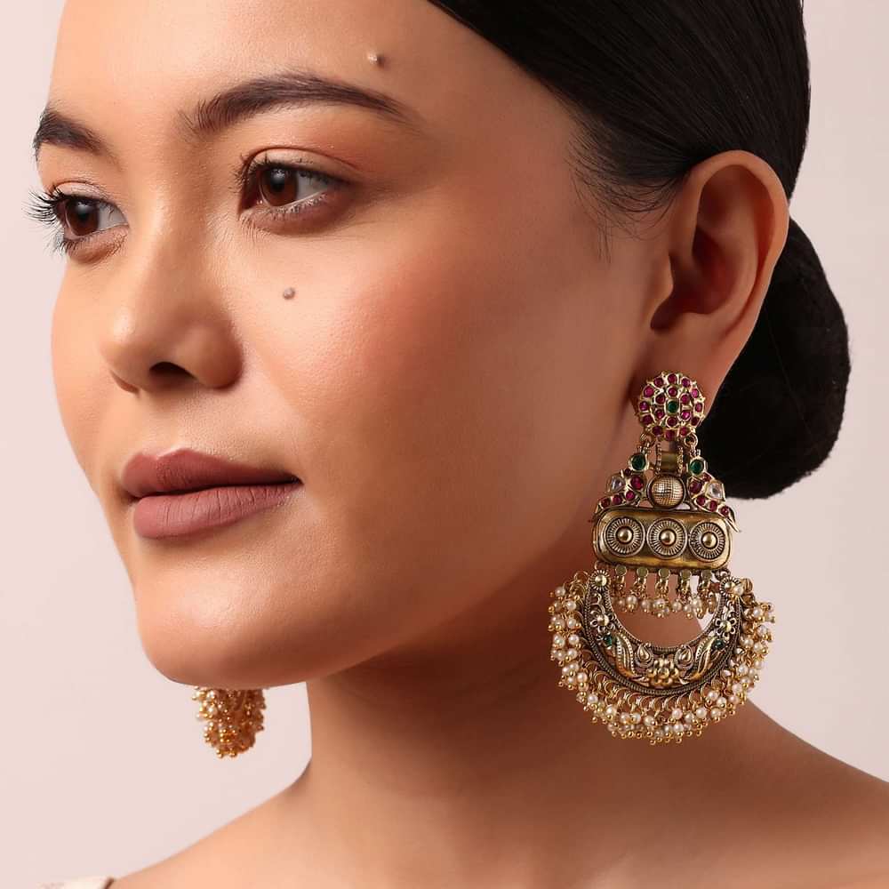 Gold Multi Tone Kundan Floral Danglers