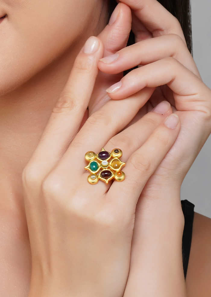 Gold Navratan Ring With Multi Stone Detailing