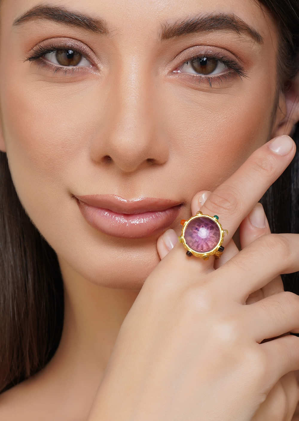 Gold Navratna Ring With Purple Stone Accent