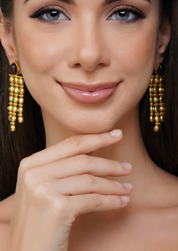 Gold Navratna Statement Earrings With Drops