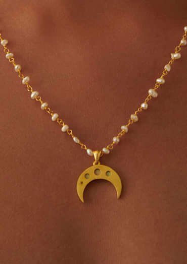 Gold Necklace With Crescent Pendant And Pearl Chain