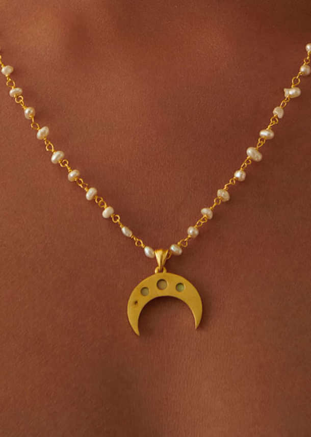 Gold Necklace With Crescent Pendant And Pearl Chain