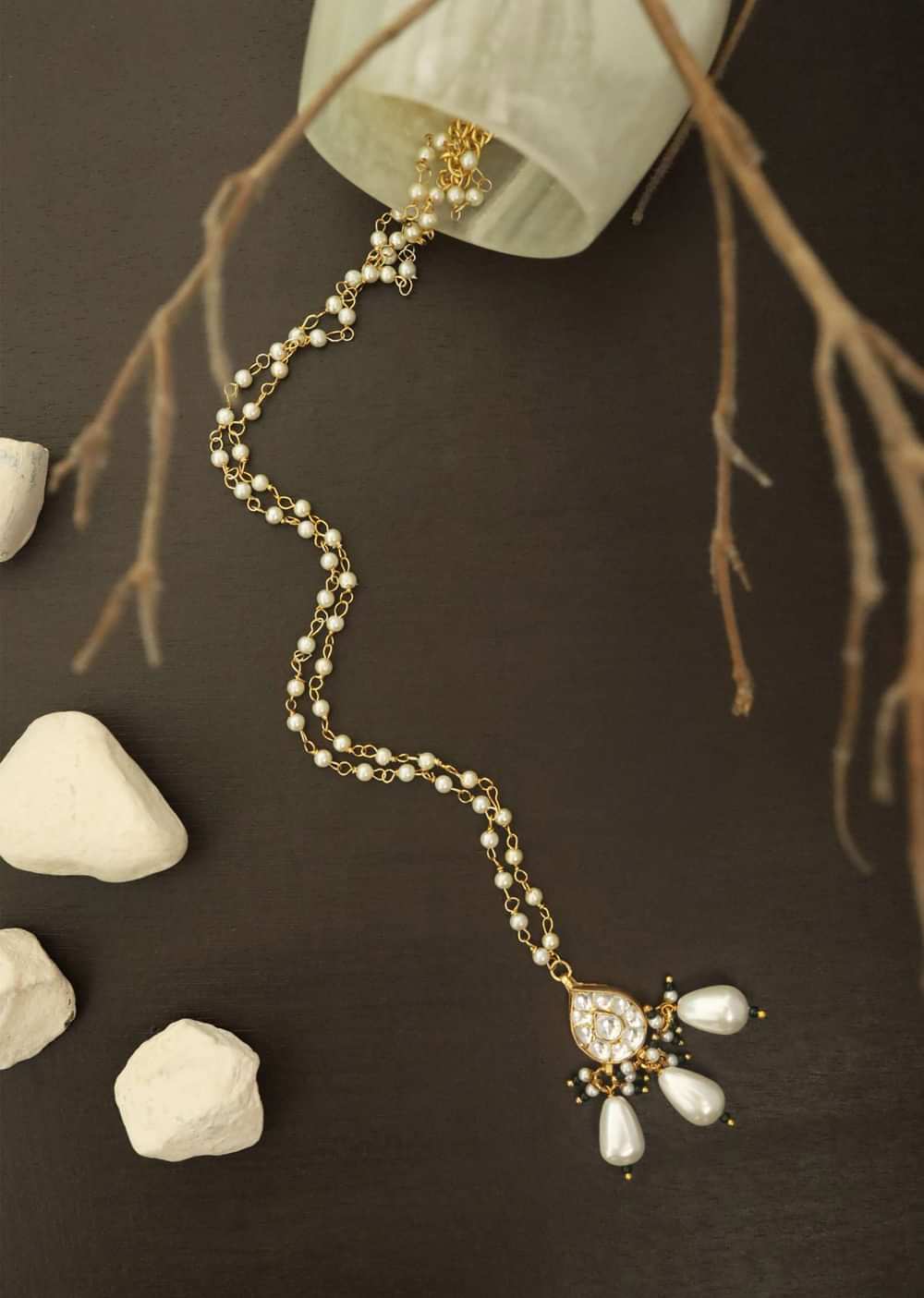 Gold Necklace With Kundan Pendant And Accented With Green Stones And Pearls