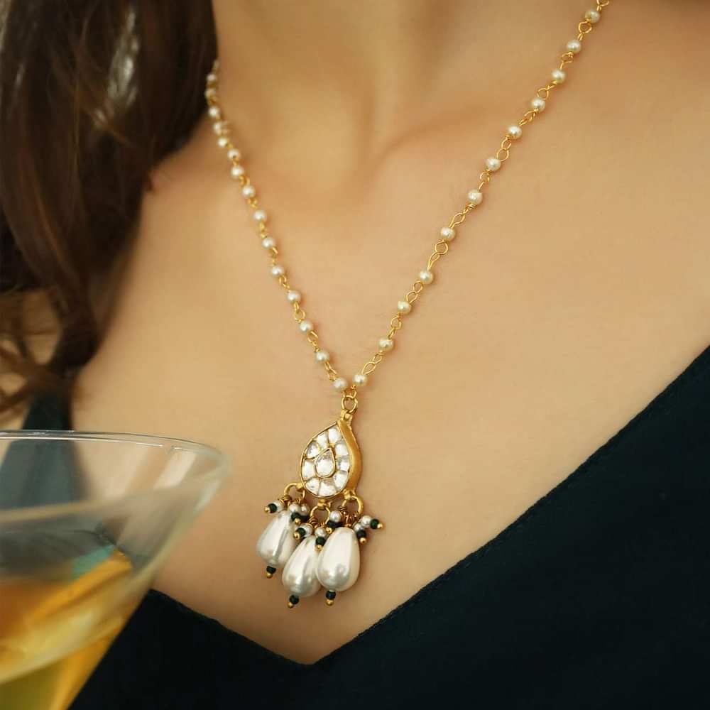 Gold Necklace With Kundan Pendant And Accented With Green Stones And Pearls