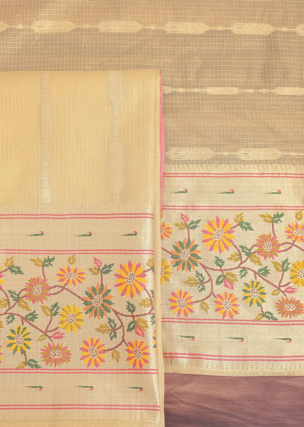 Gold Paithani Woven Silk Dress Material With Floral Motifs