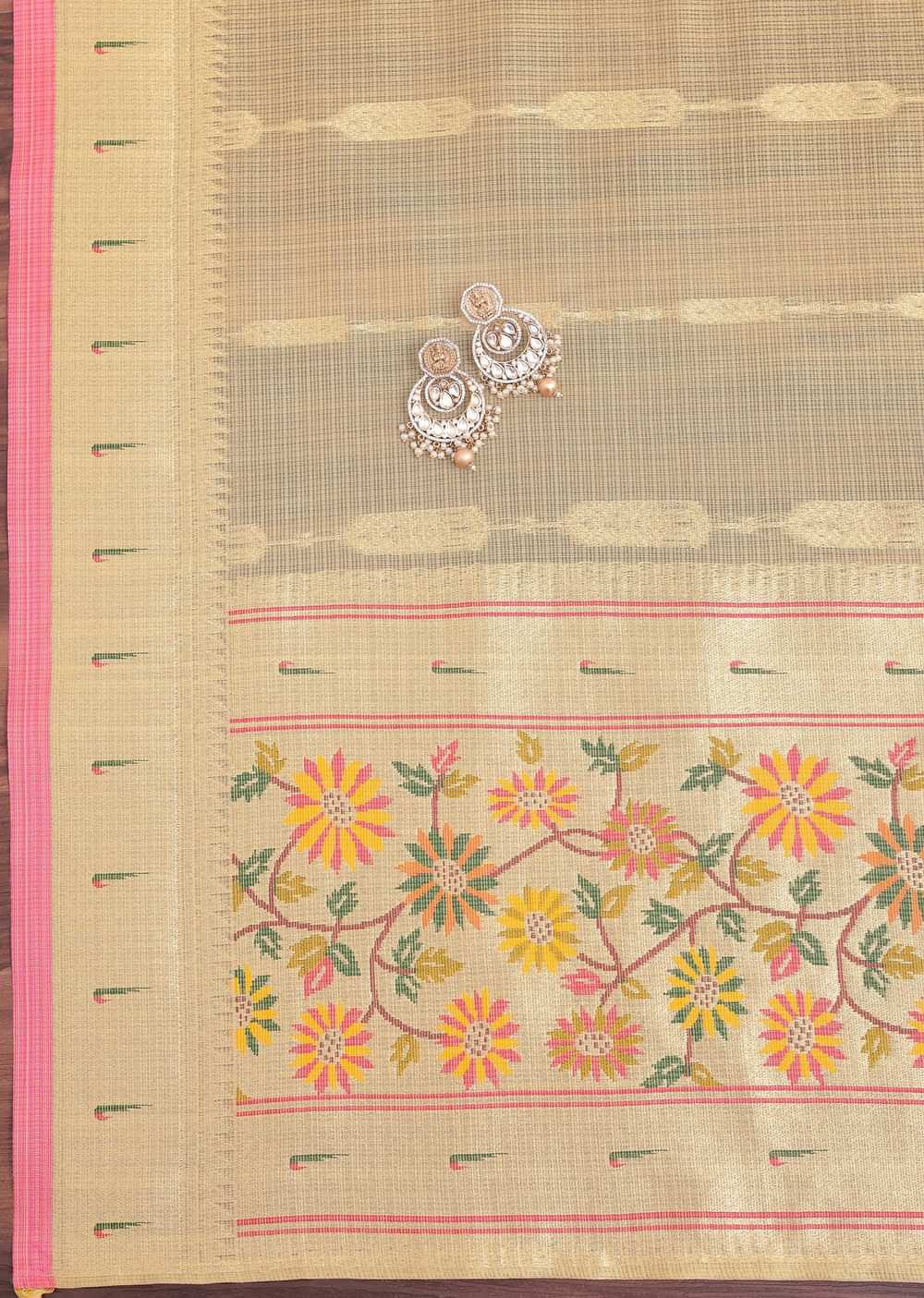 Gold Paithani Woven Silk Dress Material With Floral Motifs