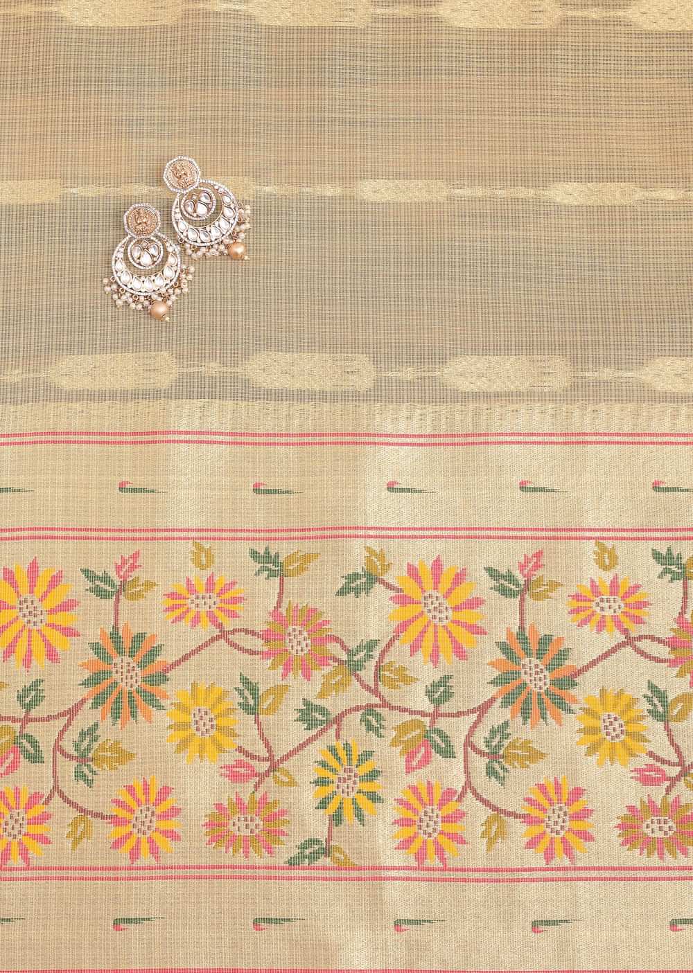 Gold Paithani Woven Silk Dress Material With Floral Motifs