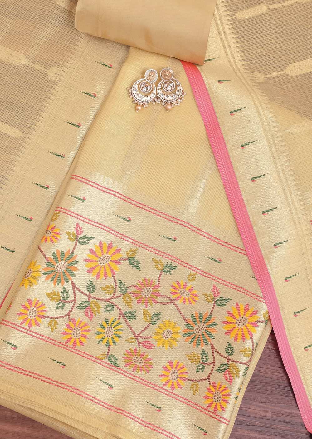 Gold Paithani Woven Silk Dress Material With Floral Motifs