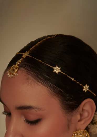 Gold Phool Sitara Maatha Patti With Mirror Polki