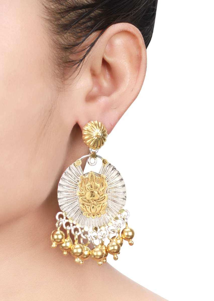 Gold Plated And Silver Earrings With Lord Ganesha And Dangling Beads Made In Sterling Silver By Sangeeta Boochra