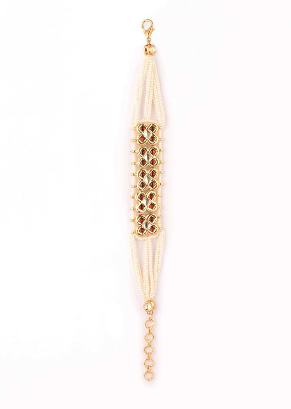 Gold Plated bracelet With Red Kundan Polki Edged In Micro Moti And Bead Strings