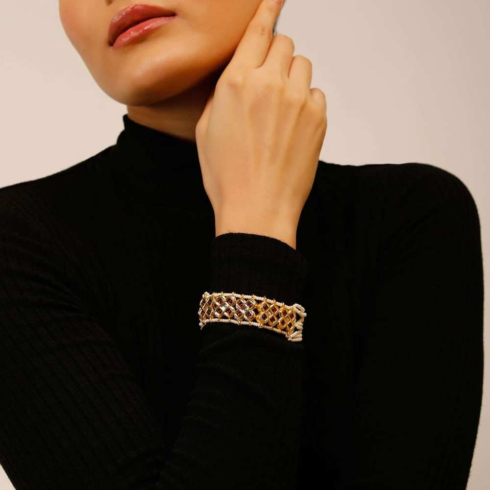 Gold Plated bracelet With Red Kundan Polki Edged In Micro Moti And Bead Strings