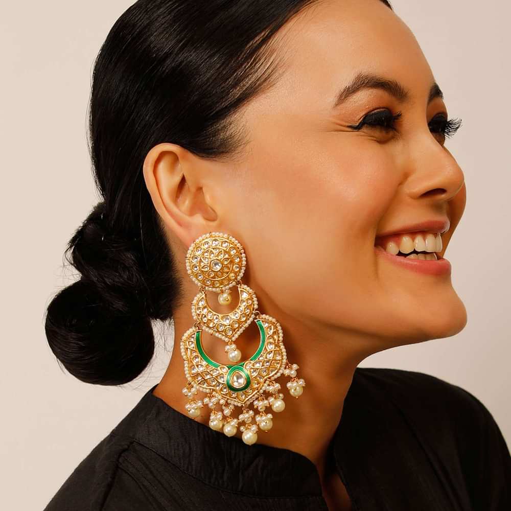 Gold Plated Chandelier Earrings With Kundan, Green Minakari And Pearl Fringes