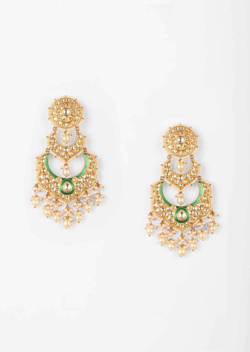 Gold Plated Chandelier Earrings With Kundan, Green Minakari And Pearl Fringes