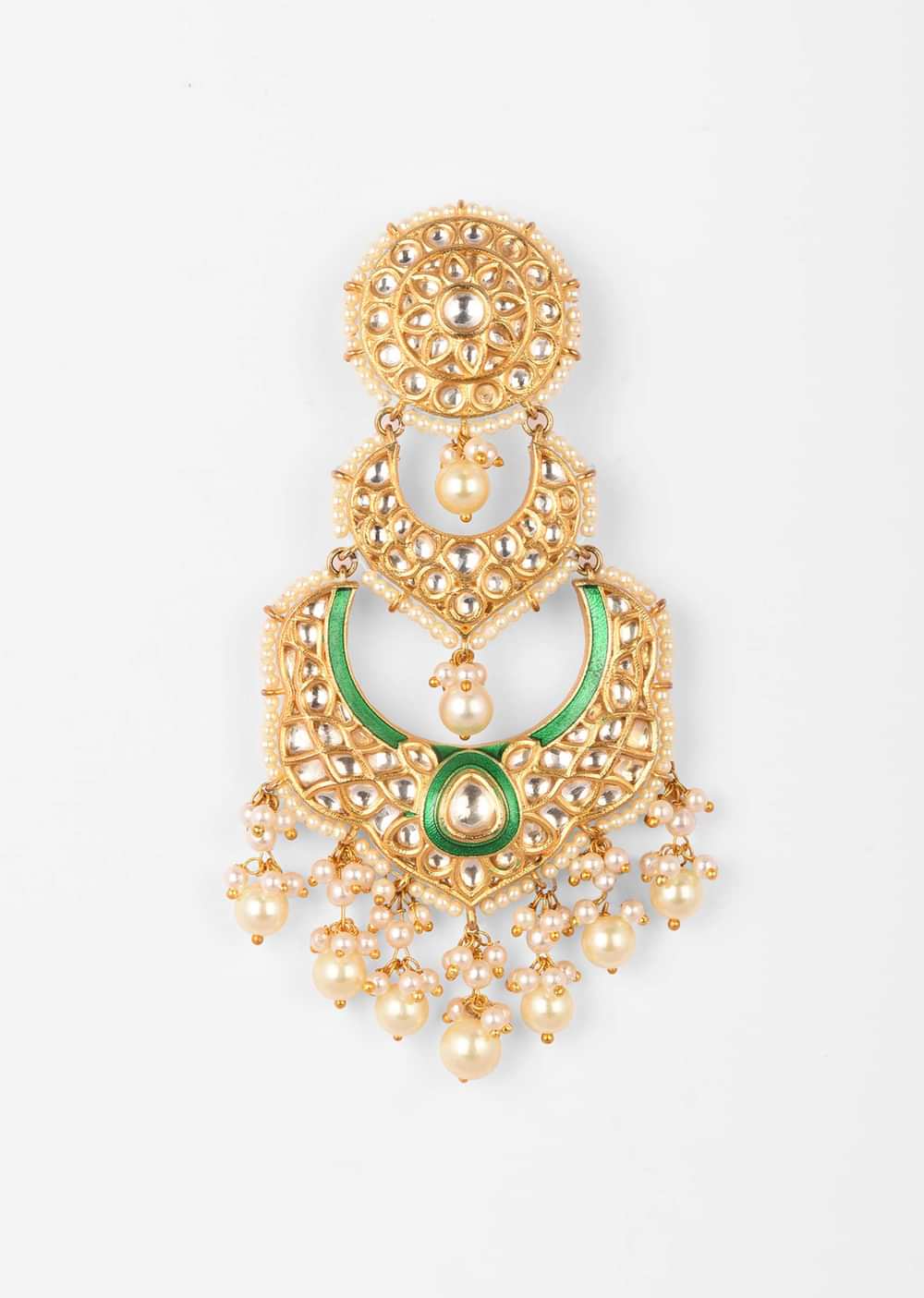 Gold Plated Chandelier Earrings With Kundan, Green Minakari And Pearl Fringes