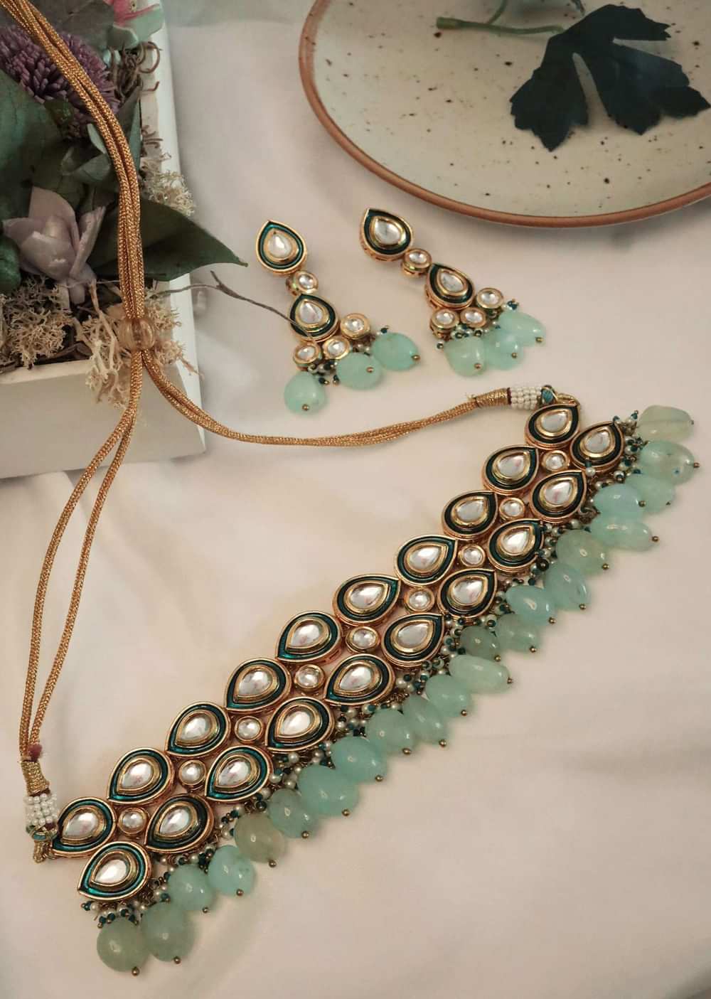 Gold Plated Choker And Earrings Set With Floral Kundan And Dangling Mint Stones By Paisley Pop
