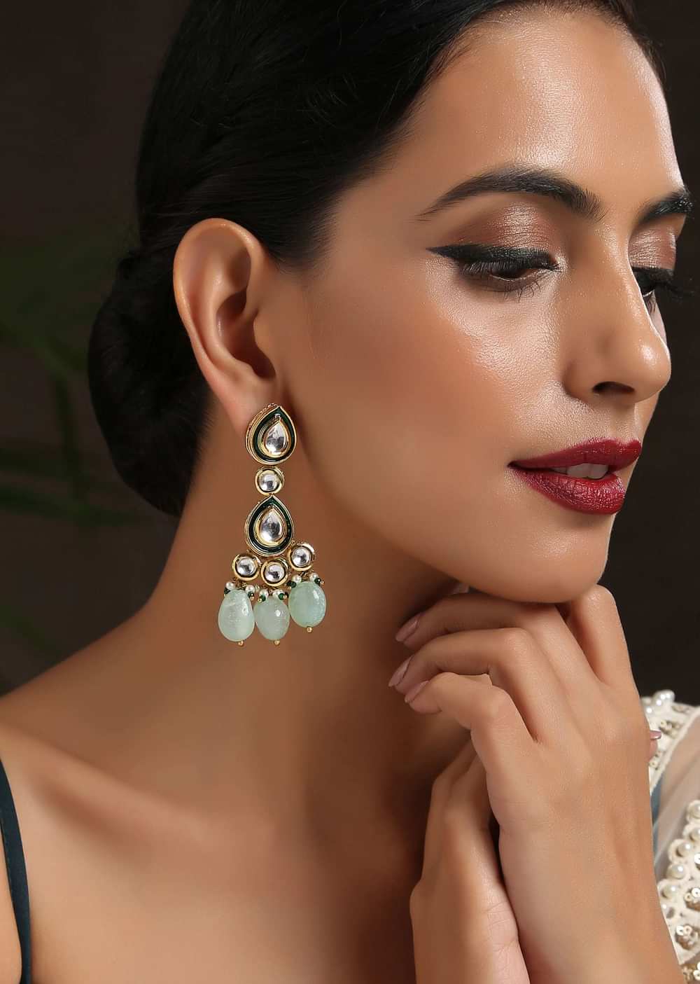 Gold Plated Choker And Earrings Set With Floral Kundan And Dangling Mint Stones By Paisley Pop