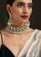 Gold Plated Choker And Earrings Set With Floral Kundan And Dangling Mint Stones By Paisley Pop