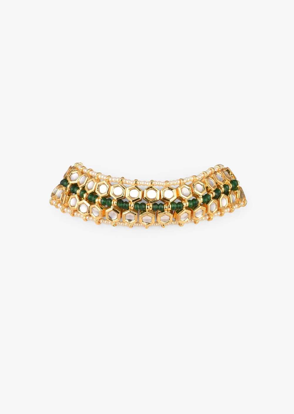 Gold Plated Choker Necklace With Hexagone Kundan Layers, Green Beads And Moti Work