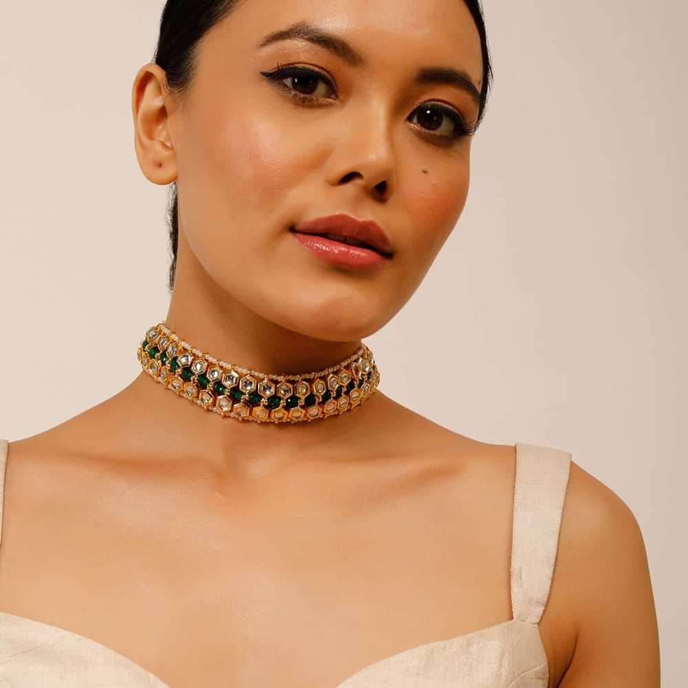 Gold Plated Choker Necklace With Hexagone Kundan Layers, Green Beads And Moti Work