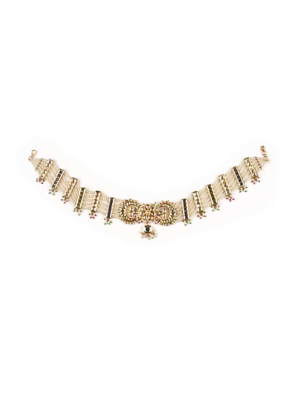 Gold Plated Choker With Multiple Moti Strings And Kundan Polki In Floral And Crescent Shape