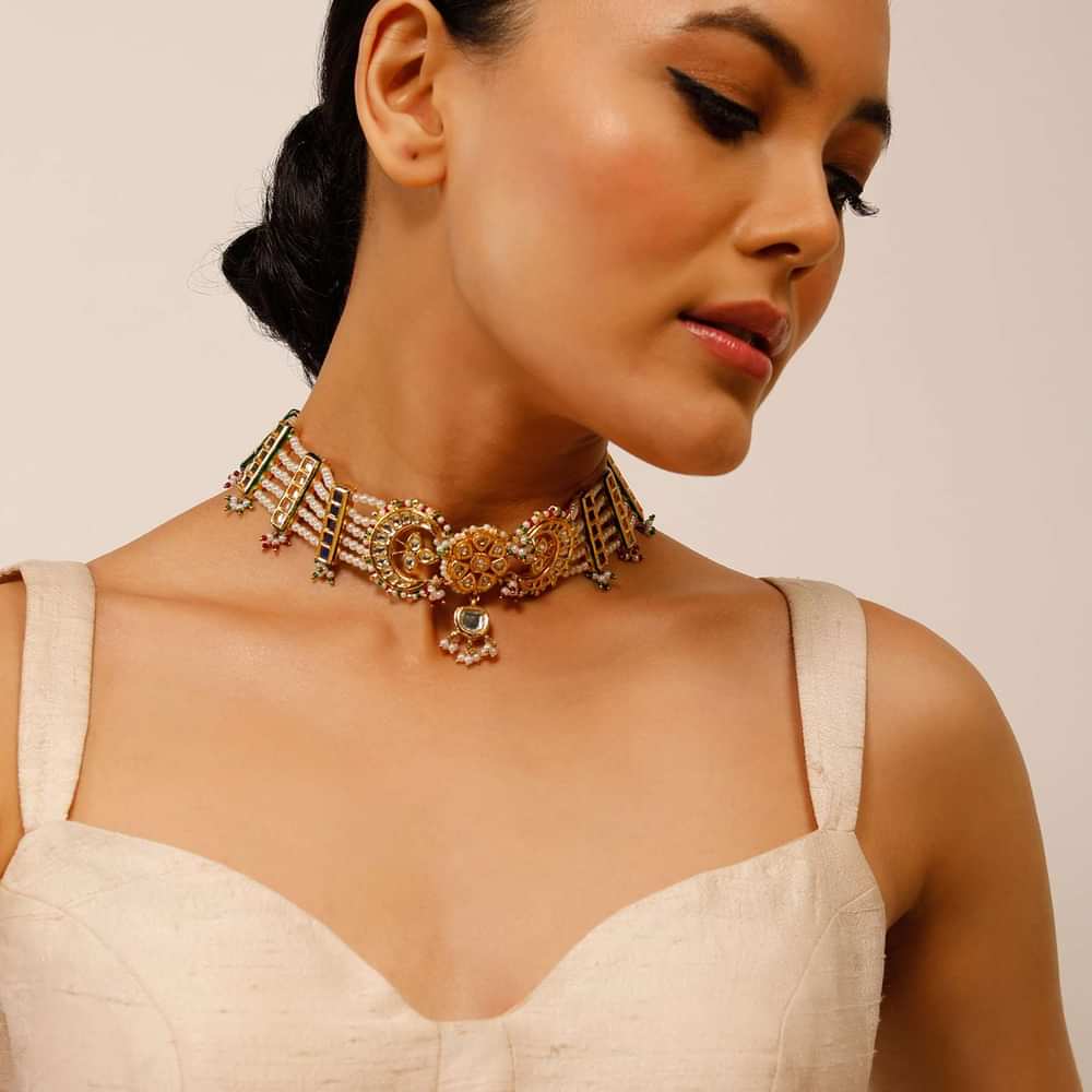 Gold Plated Choker With Multiple Moti Strings And Kundan Polki In Floral And Crescent Shape