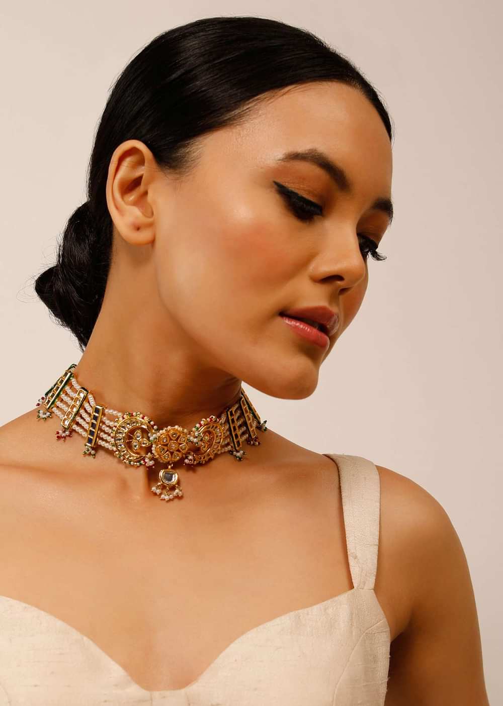 Gold Plated Choker With Multiple Moti Strings And Kundan Polki In Floral And Crescent Shape