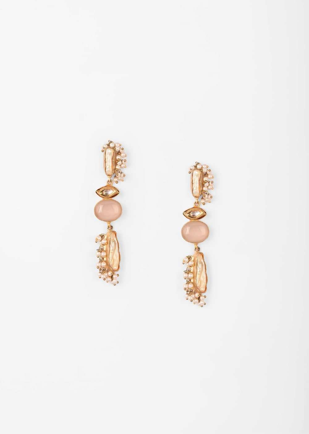 Gold Plated Dangler Earrings With Baroque Pearls, Semi Precious Stones And Kundan
