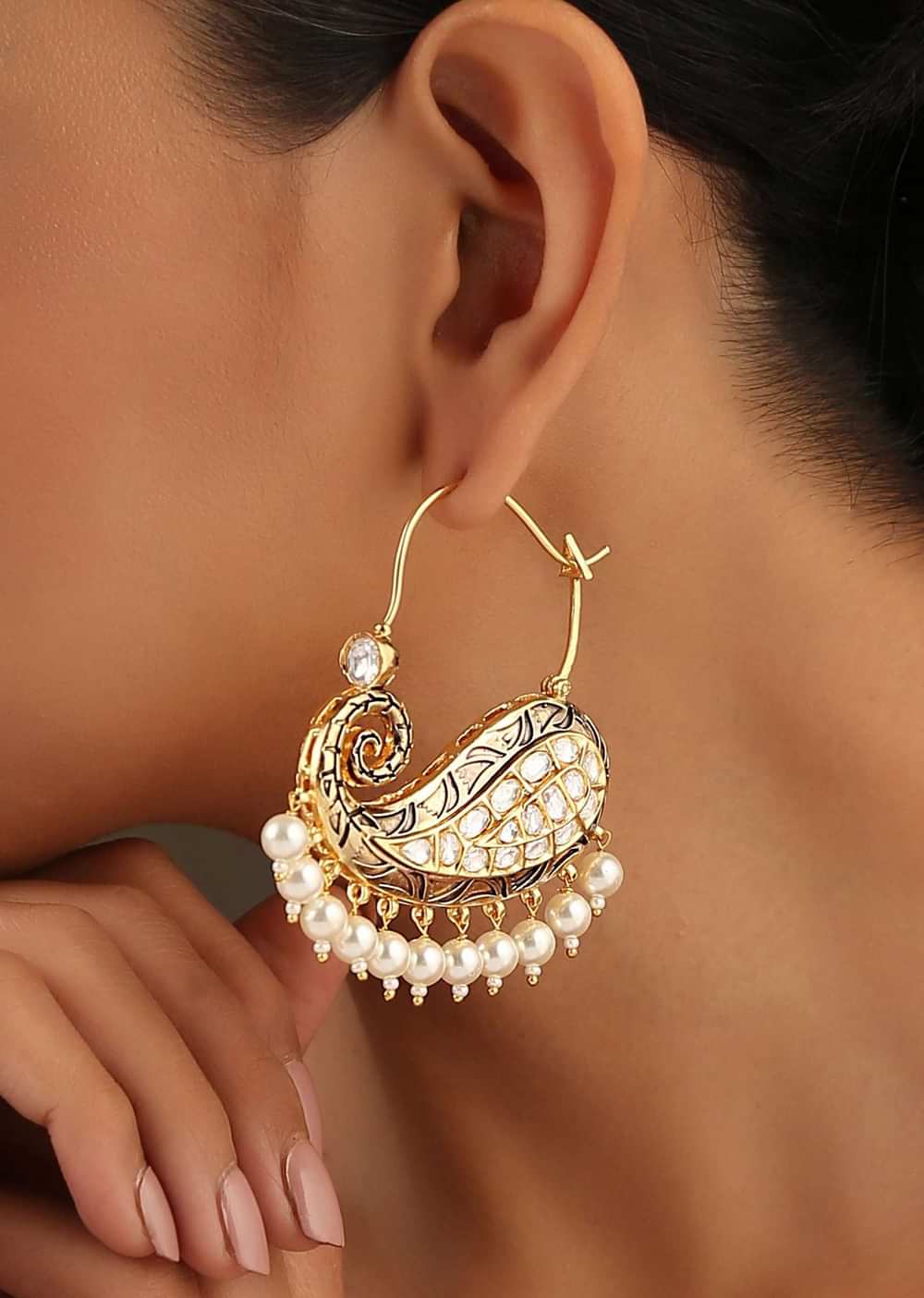 Gold Plated Earrings Featuring Kundan, Minakari And Embossed Intricate Pattern By Paisley Pop