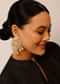 Gold Plated Kundan Earrings In Leaf Motif With Yellow And White Pearl Fringes