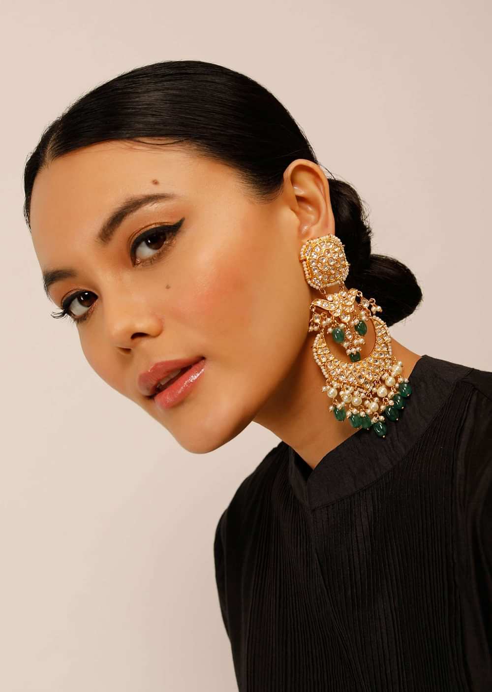 Gold Plated Long Chandelier Earrings With Kundan, Green Bead Drops And Pearl Fringes