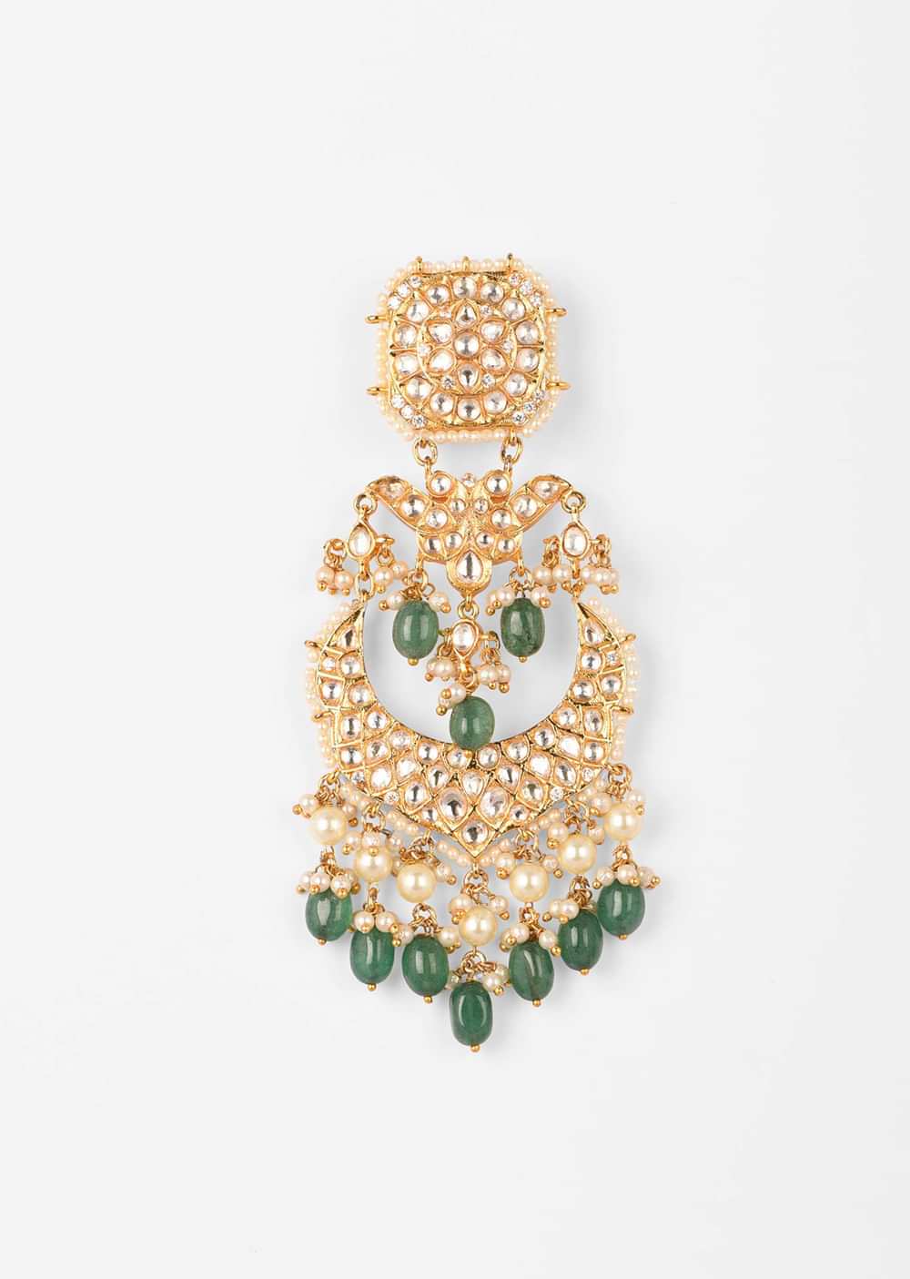 Gold Plated Long Chandelier Earrings With Kundan, Green Bead Drops And Pearl Fringes