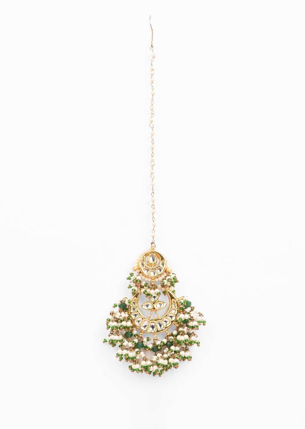 Gold Plated Mangtika With Crescent Polki, Bunches Of Green Beads And Pearls