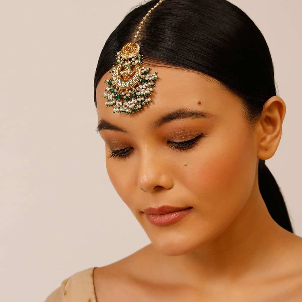 Gold Plated Mangtika With Crescent Polki, Bunches Of Green Beads And Pearls