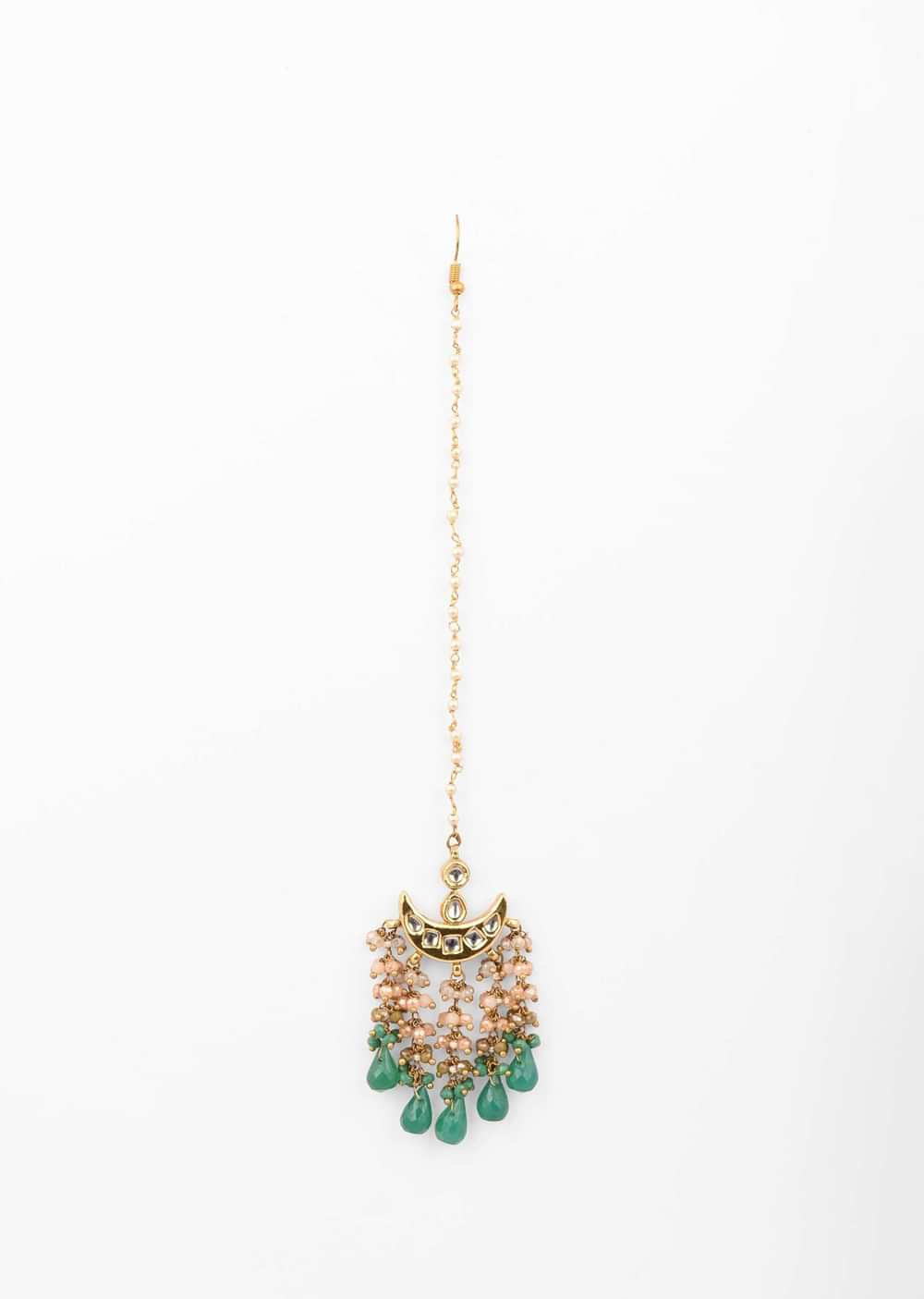 Gold Plated Mangtika With Kundan Polki And Dangling Green And Pastel Bead Fringes