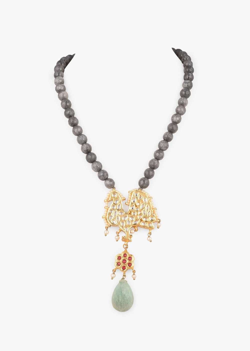 Gold Plated Necklace With Kundan Embellished Peacock Motif, Sea Green Stone Drop And Grey Bead Chain