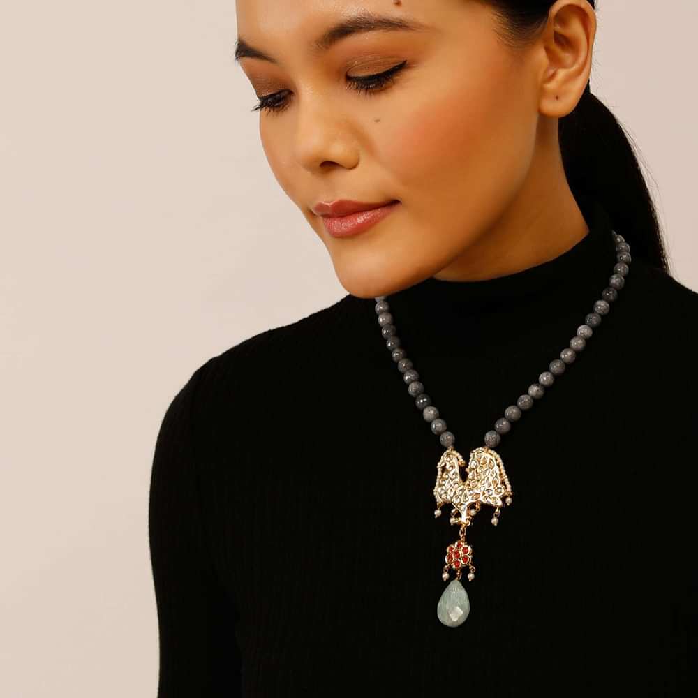 Gold Plated Necklace With Kundan Embellished Peacock Motif, Sea Green Stone Drop And Grey Bead Chain