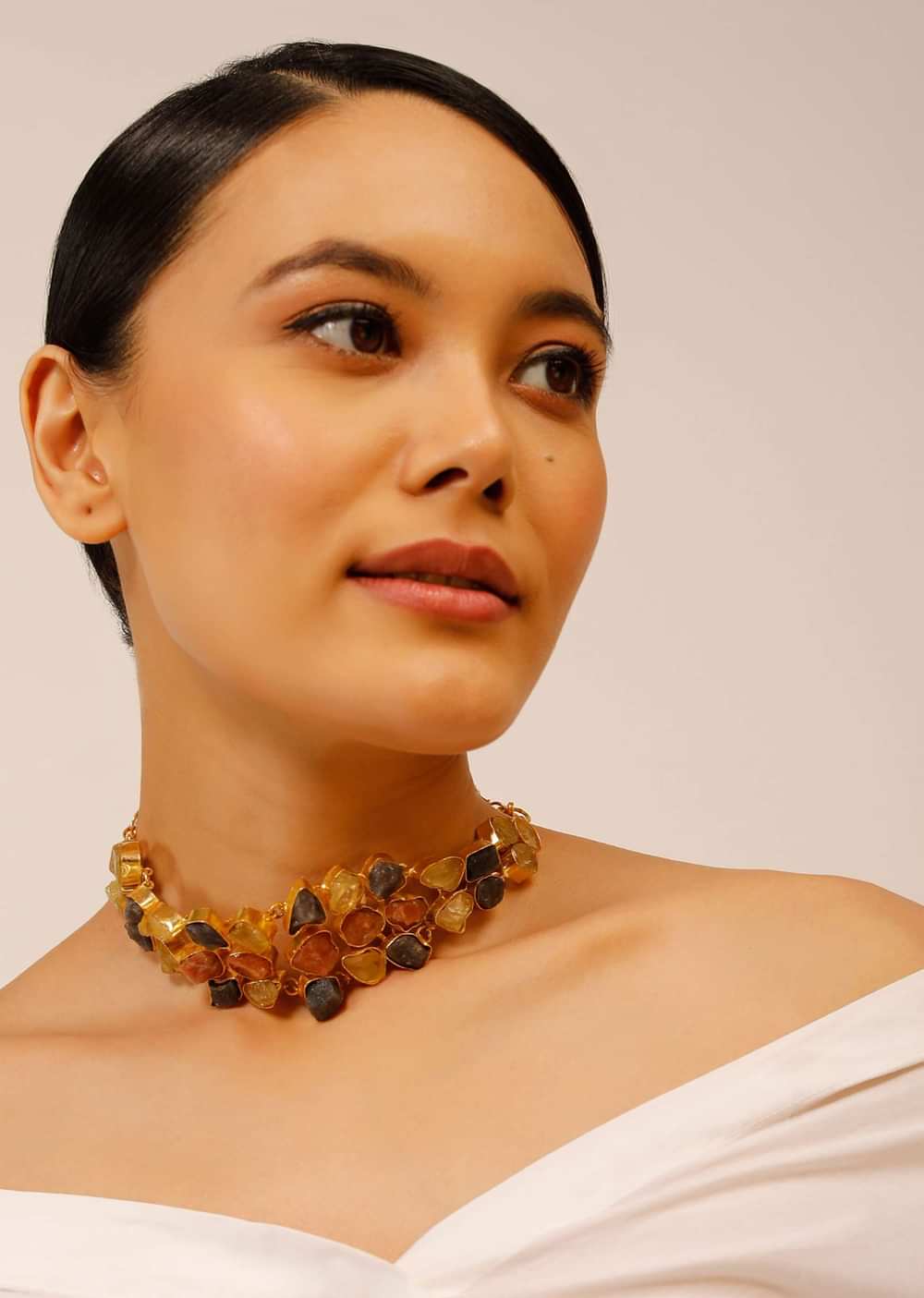 Gold Plated Necklace With Multi Colored Semi Precious Uncut Stones In Modern Design