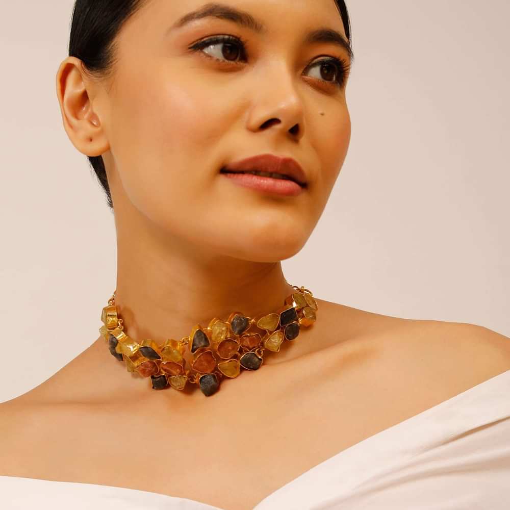 Gold Plated Necklace With Multi Colored Semi Precious Uncut Stones In Modern Design