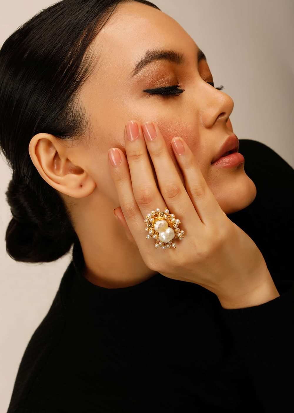 Gold Plated Ring With An Abstract Baroque Pearl Centre And Tiny Pearls