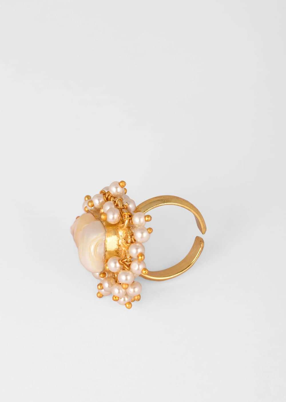 Gold Plated Ring With An Abstract Baroque Pearl Centre And Tiny Pearls