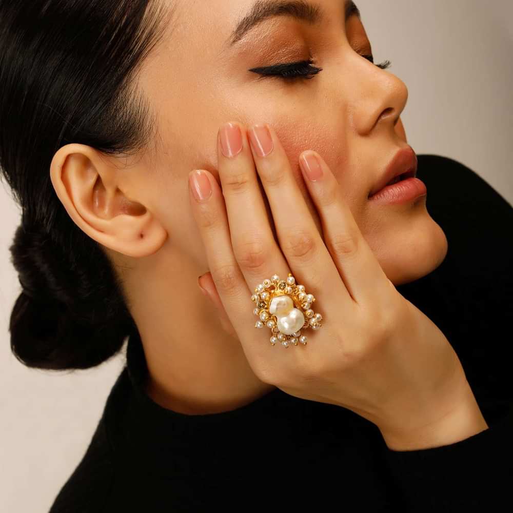 Gold Plated Ring With An Abstract Baroque Pearl Centre And Tiny Pearls