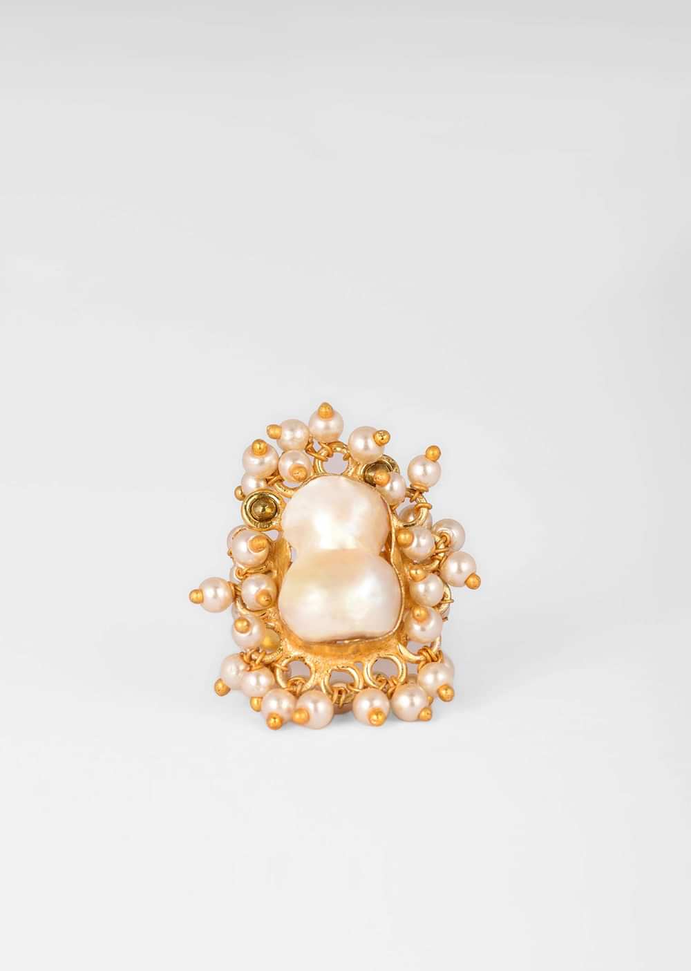 Gold Plated Ring With An Abstract Baroque Pearl Centre And Tiny Pearls