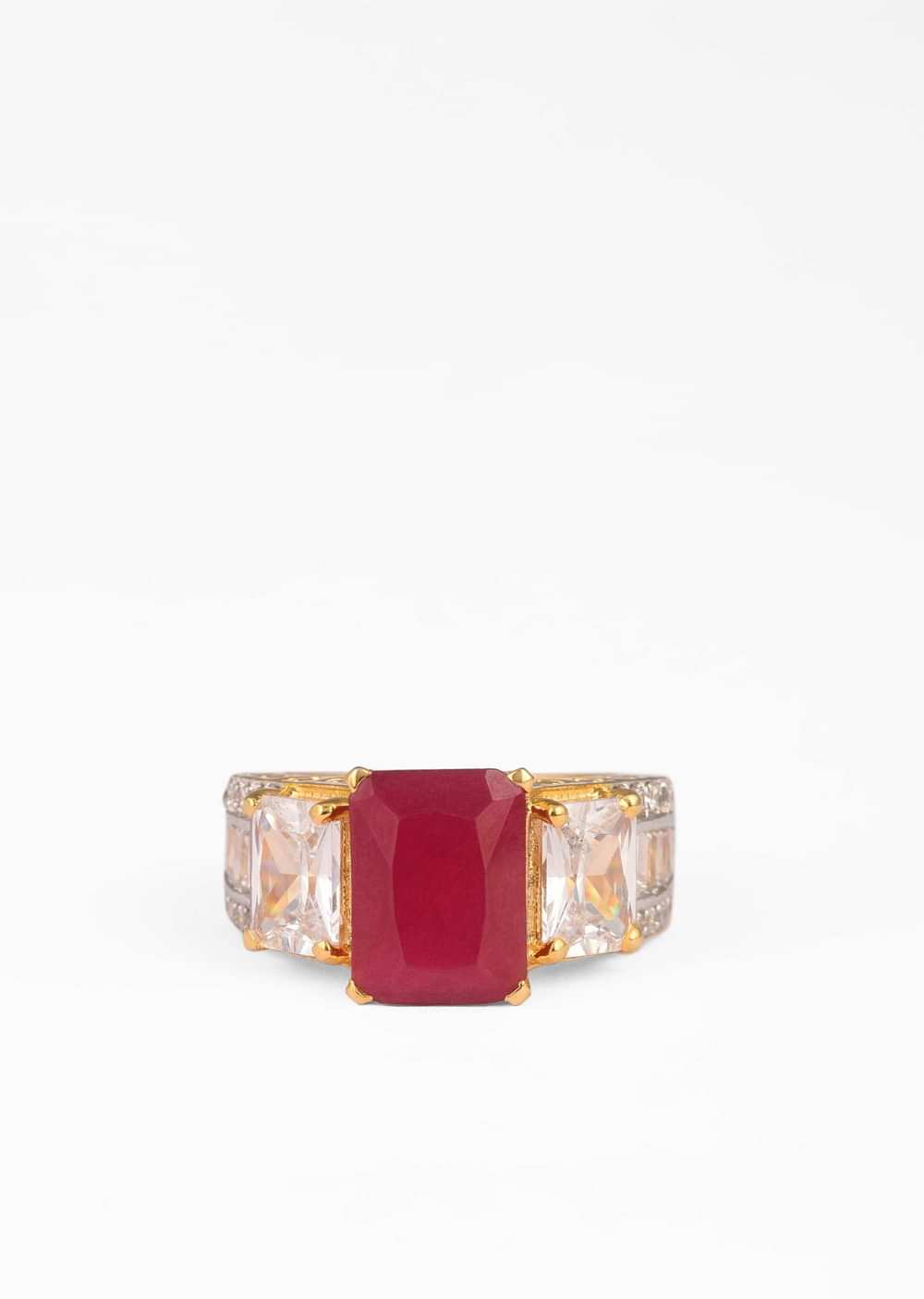 Gold Plated Ring With Maroon Stone And Swarovski Work