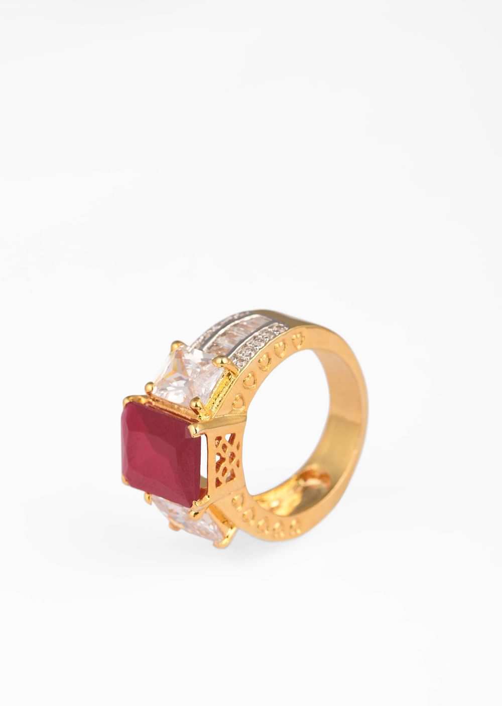 Gold Plated Ring With Maroon Stone And Swarovski Work
