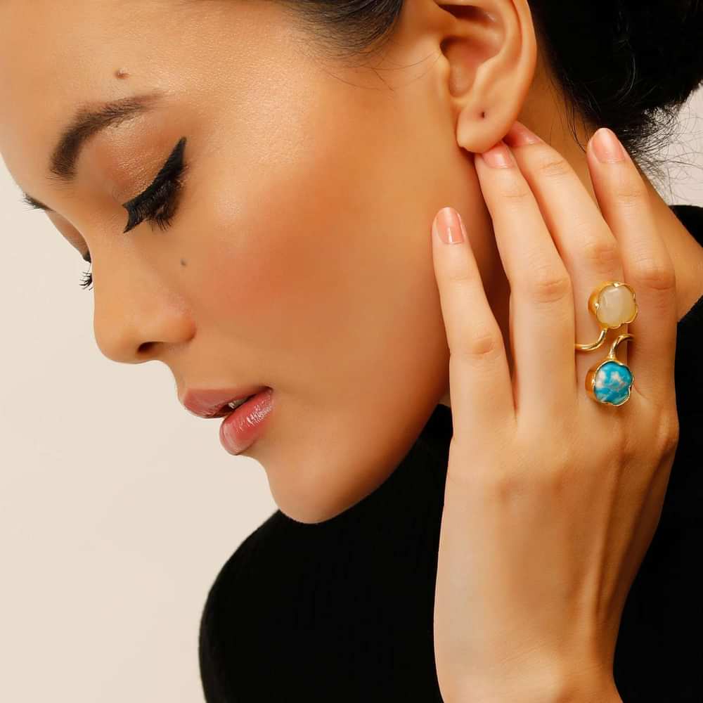 Gold Plated Ring With White And Blue Semi Precious Stones