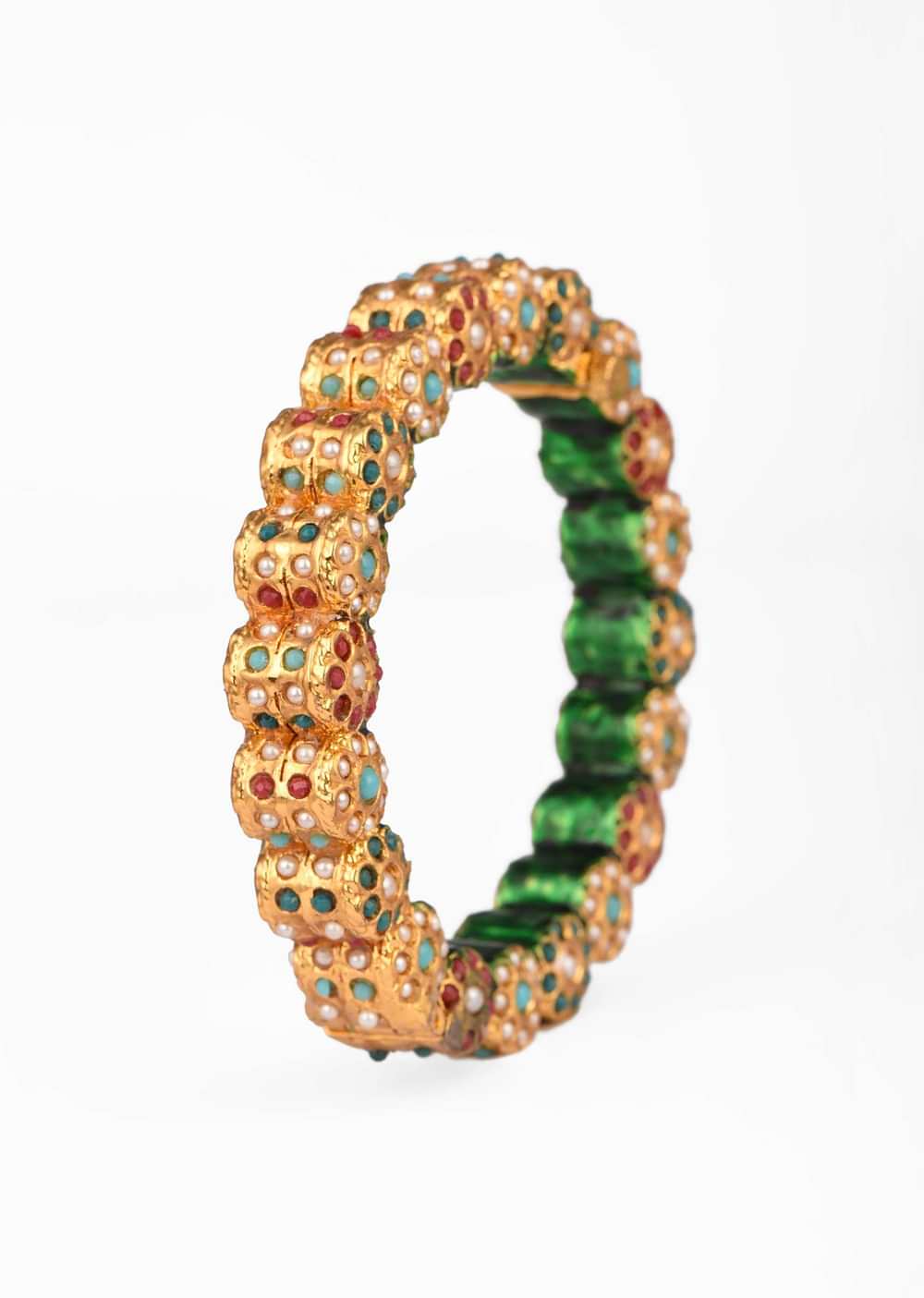 Gold Plated Round Bangle With Blue, Red And White Bead Studded Floral Motifs