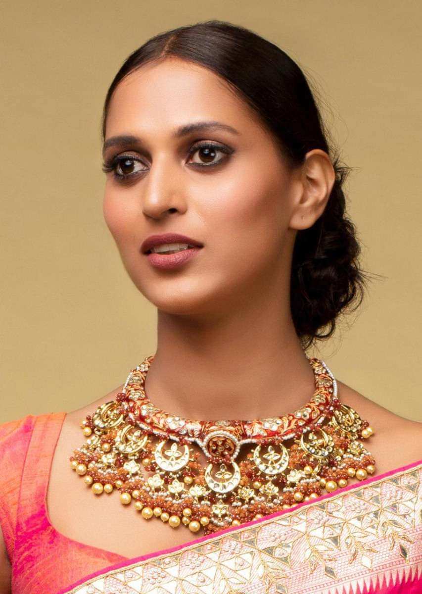 Gold Plated Round Studs With Crystals, Beads And Pearls In Floral Pattern