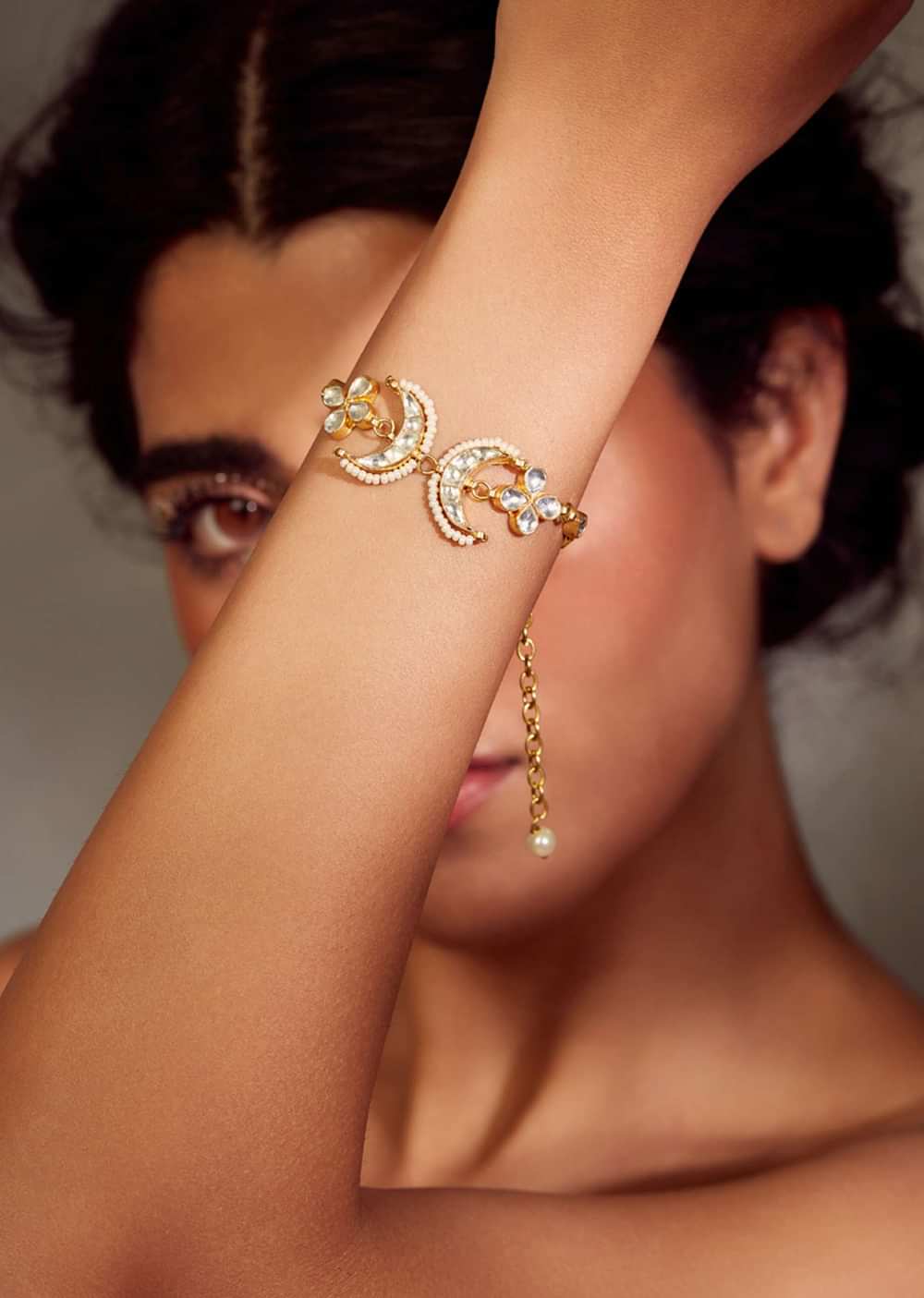 Gold Plated Silver Alloy Kundan Half Moon Bracelet With Pearls