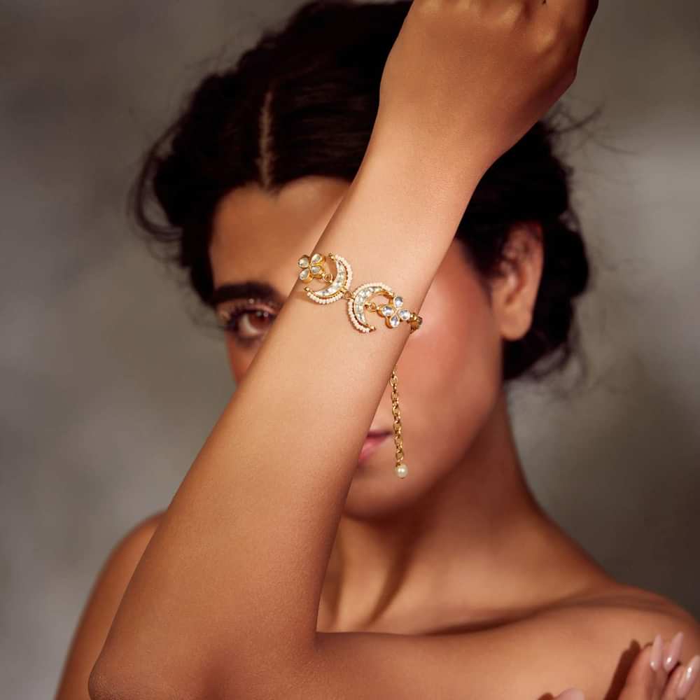 Gold Plated Silver Alloy Kundan Half Moon Bracelet With Pearls